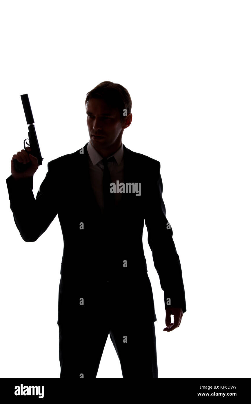Silhouette d'homme en costume d'affaires avec arme à part isolé sur fond blanc Banque D'Images