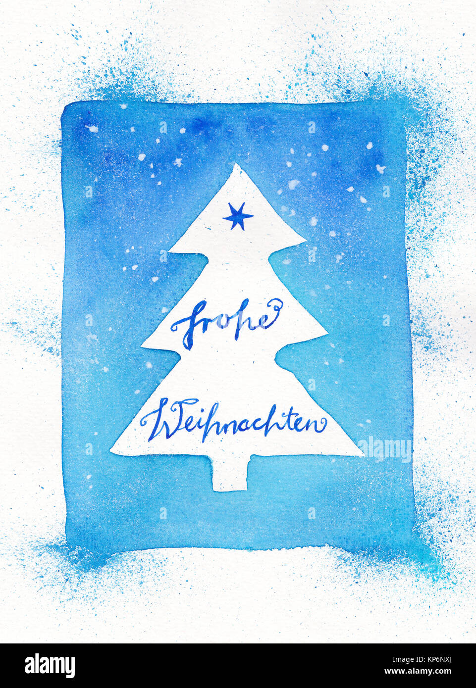 Entouré d'arbres de Noël résumé de l'aquarelle avec texte allemand : Frohe Weihnachten Banque D'Images