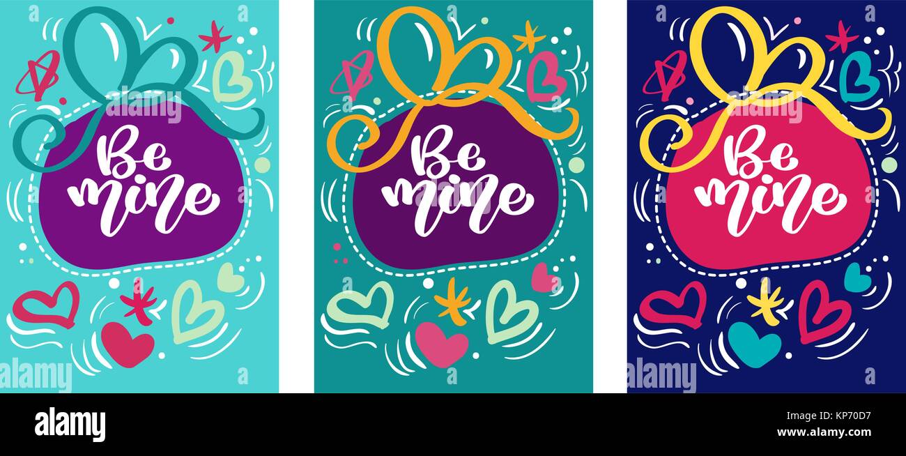 Be mine texte pour la Saint-Valentin ensemble carte de vœux avec le coeur. Étiquettes cadeaux. Cœurs dessinés à la main. Conception pour valentine et mariage. Style Memphis Illustration de Vecteur