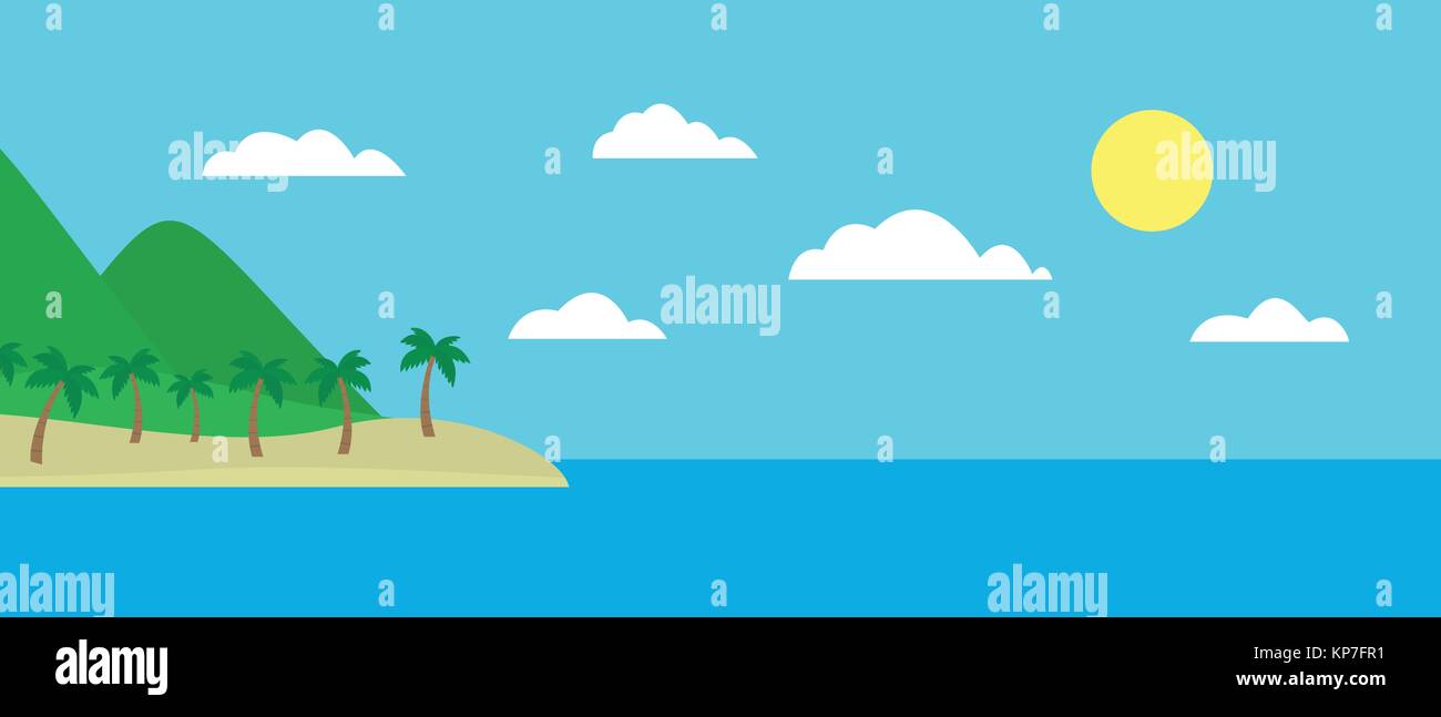 Caricature de vue colorée île tropicale, plage sous des collines, des montagnes et des palmiers au milieu de la mer bleue sous un ciel clair avec des nuages et soleil sur Illustration de Vecteur