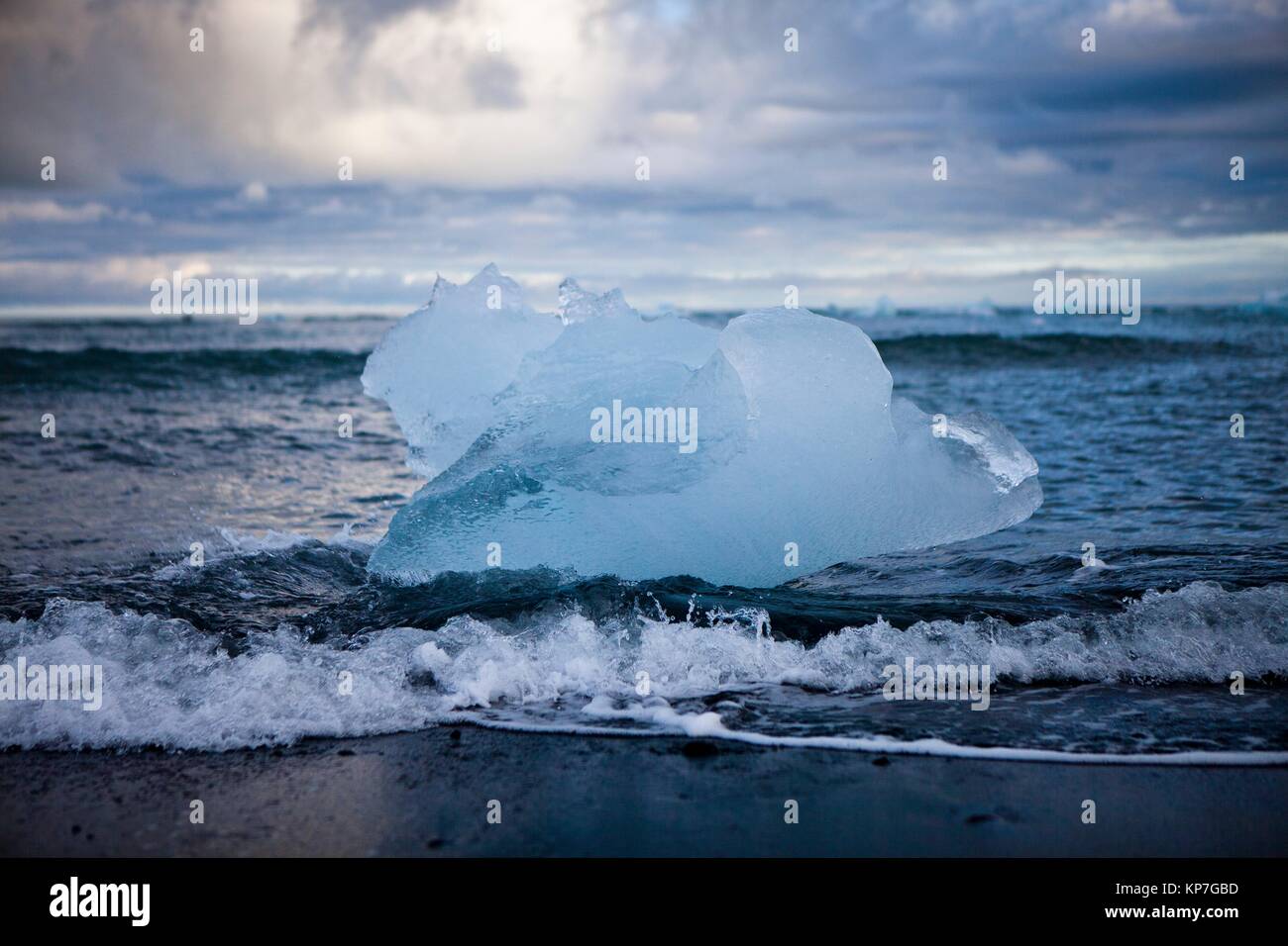Vestiges des icebergs dans la plage noire, lagon Jökulsárlón, Glacier Vatnajökull, l'Islande, les régions polaires. Banque D'Images