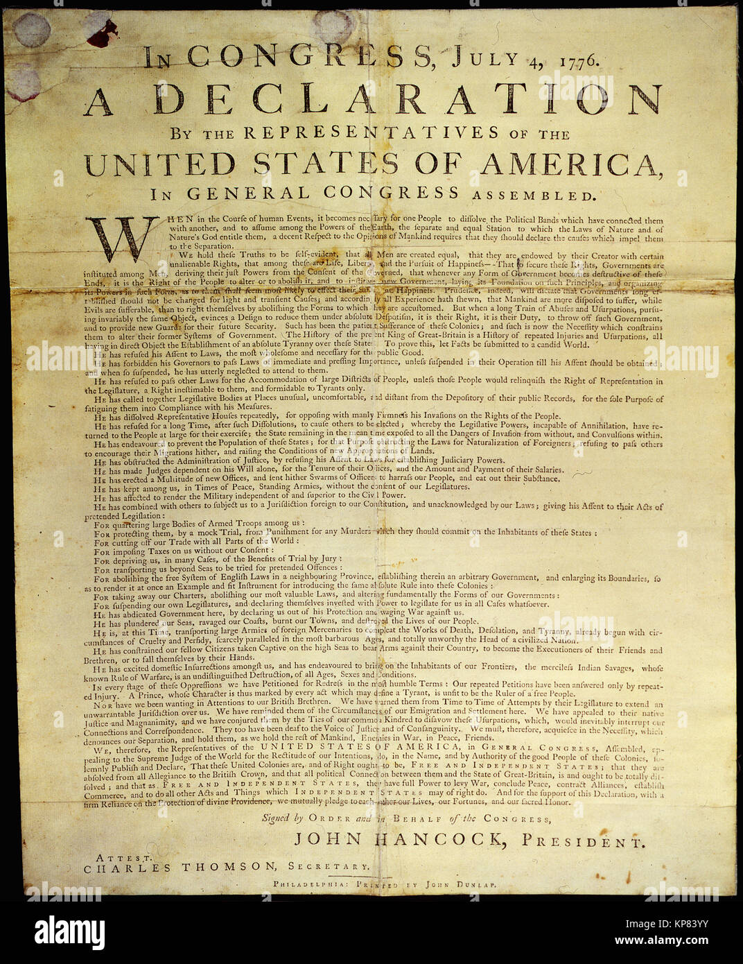 Photographie de la Déclaration d'indépendance depuis le Congrès Continental Banque D'Images