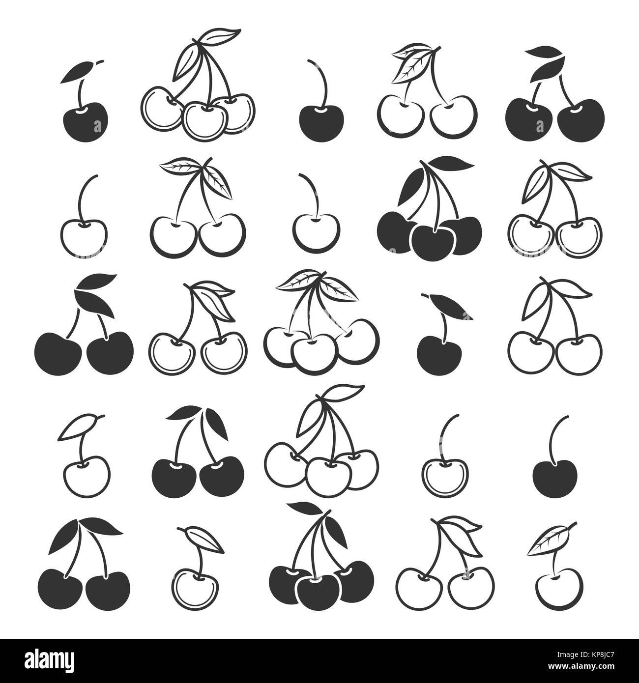 Icônes de cerise. Des cerises mûres, cerise d'illustration vectorielle silhouettes fruits isolé sur fond blanc Illustration de Vecteur