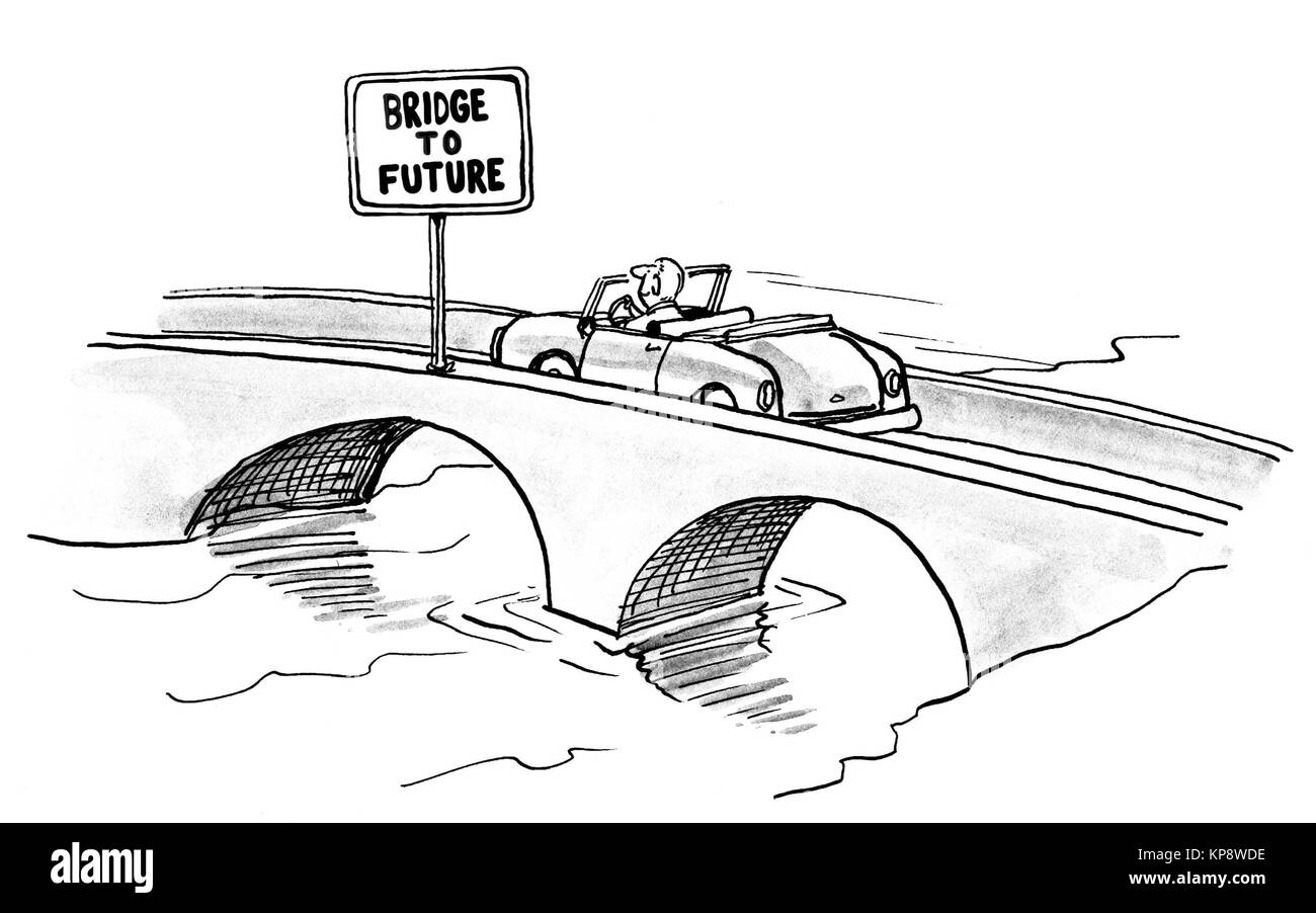 L'homme est au volant de sa voiture à travers le 'pont vers l'avenir". Banque D'Images