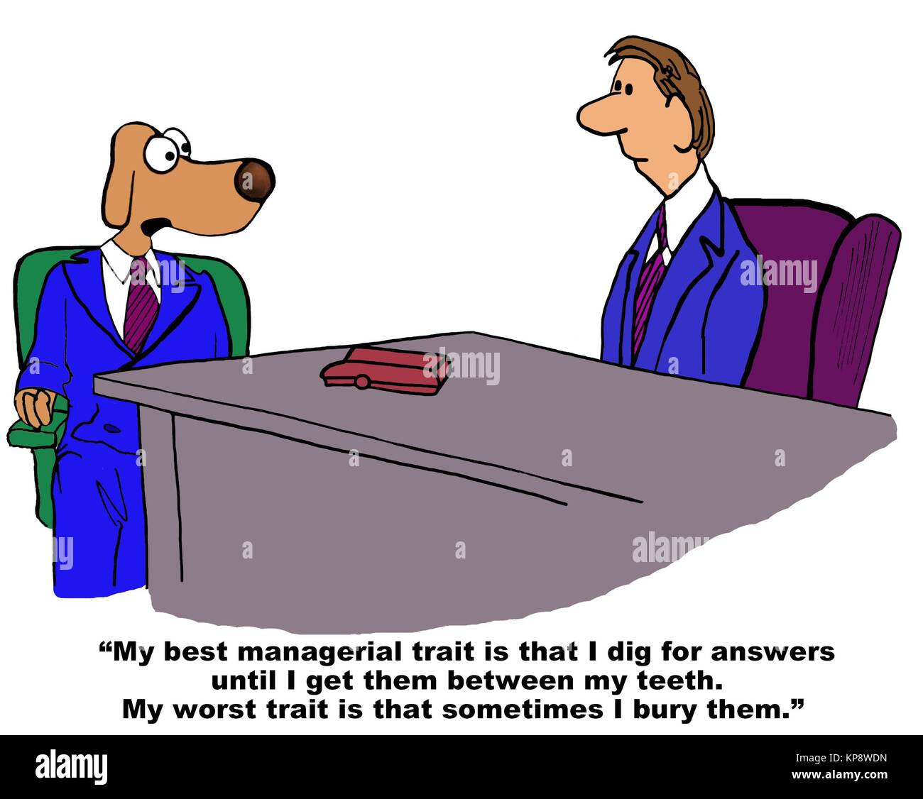 Le chien d'affaires est dans une entrevue d'emploi et répondre à une question sur ses meilleurs et pires caractéristiques. Banque D'Images