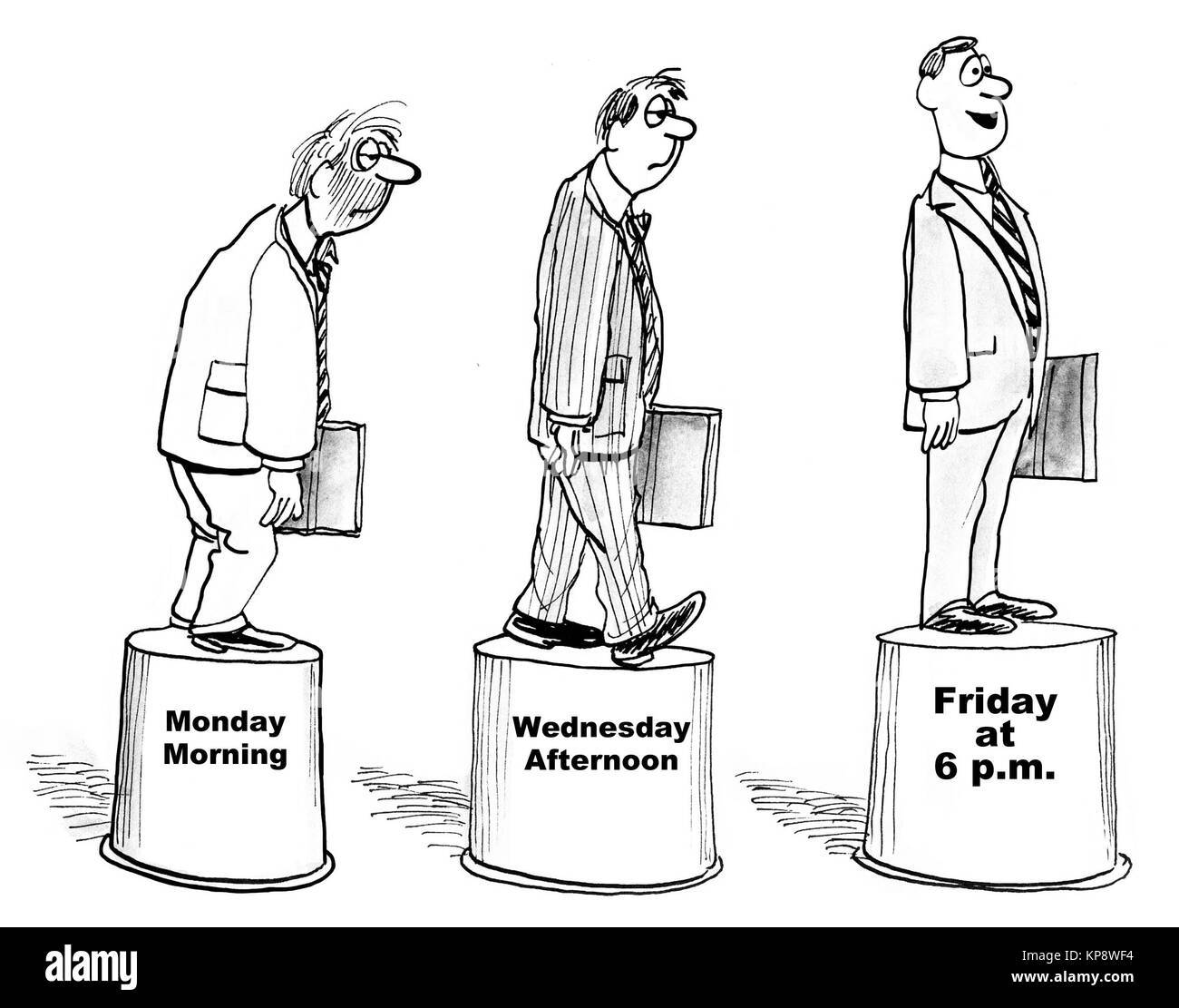 Caricature montrant trois étapes dans l'homme d'affaires est que la semaine va du lundi au vendredi, grincheux, extatique. Banque D'Images