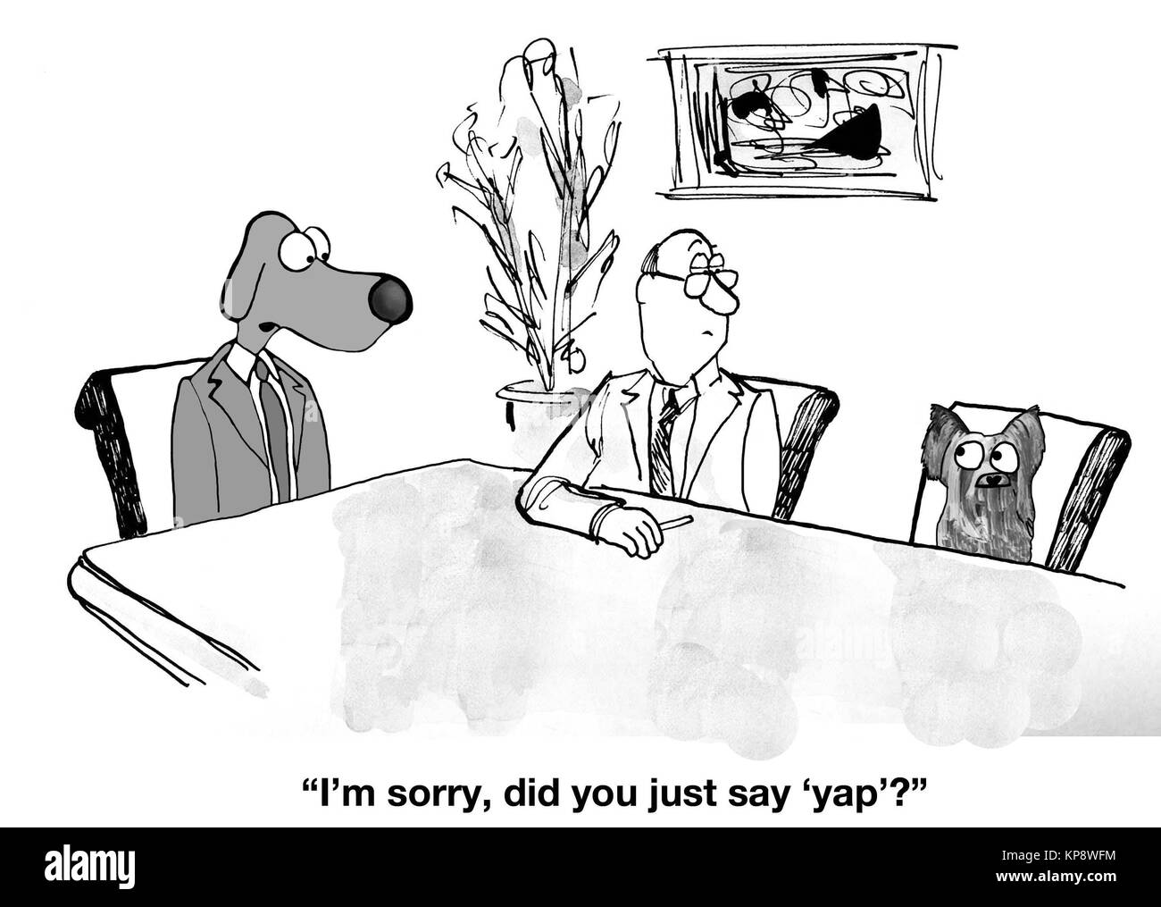 Réunion d'affaires où l'entreprise a déclaré accidentellement chien 'yap' plutôt que 'oui'. Banque D'Images