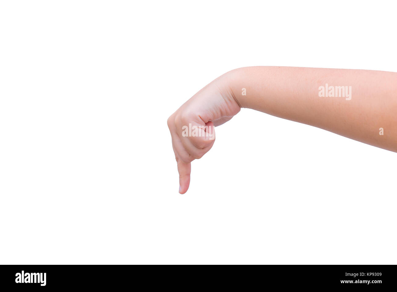 Main doigt pointe vers le bas pour sélectionner ou geste choix isolated on white Banque D'Images