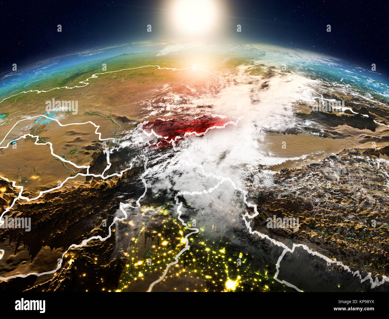 Lever du soleil au-dessus du Kirghizistan en rouge sur le modèle de la planète Terre dans l'espace visible avec frontières du pays. 3D illustration. Éléments de cette image fu Banque D'Images