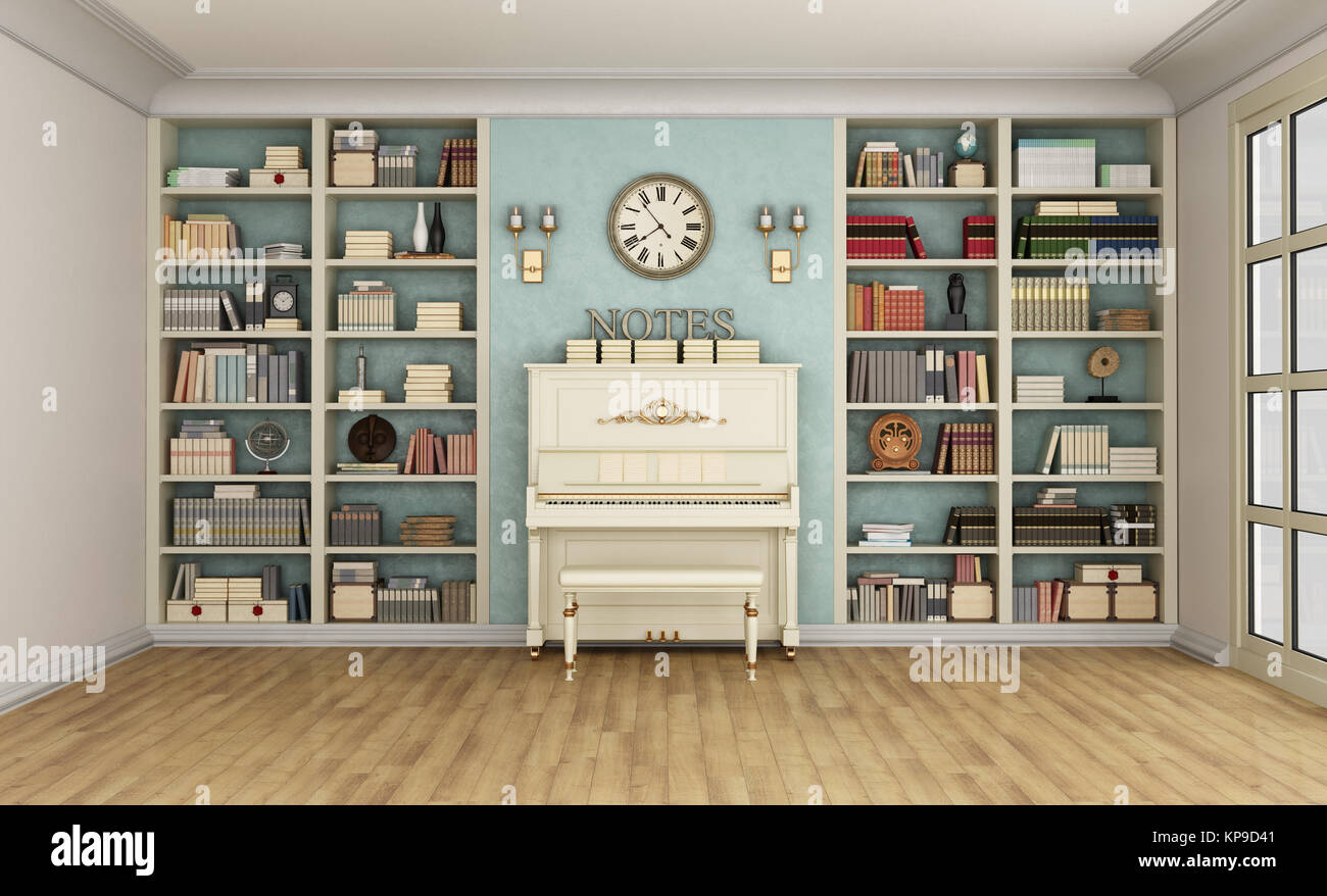 Salon classique avec bibliothèque et piano droit Banque D'Images