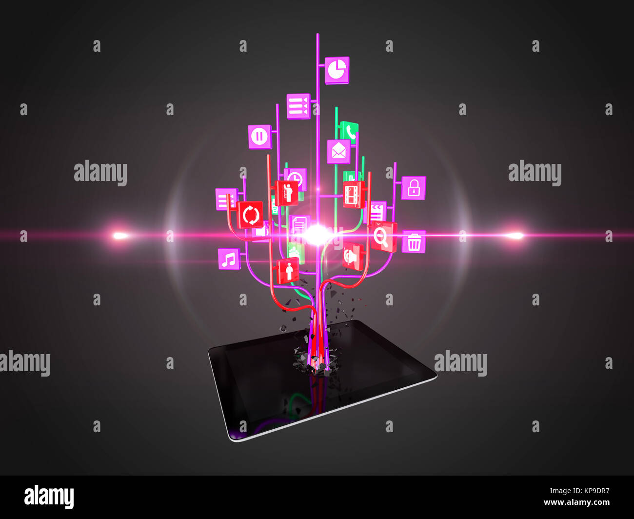 Social media icons set en forme sur tablet pc noir moderne Banque D'Images
