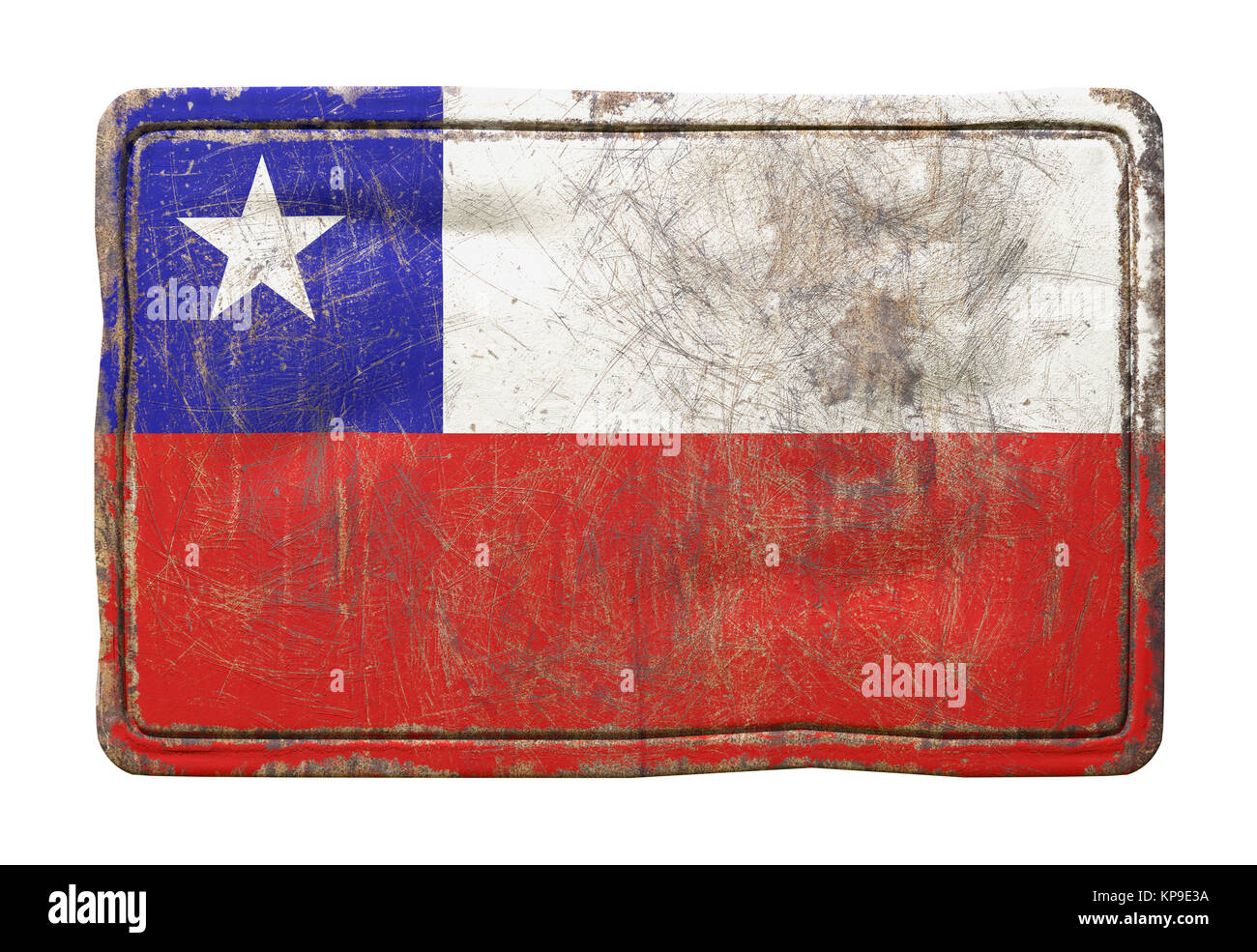 Le rendu 3D d'un drapeau du Chili sur une plaque métallique rouillée. Isolé sur fond blanc. Banque D'Images
