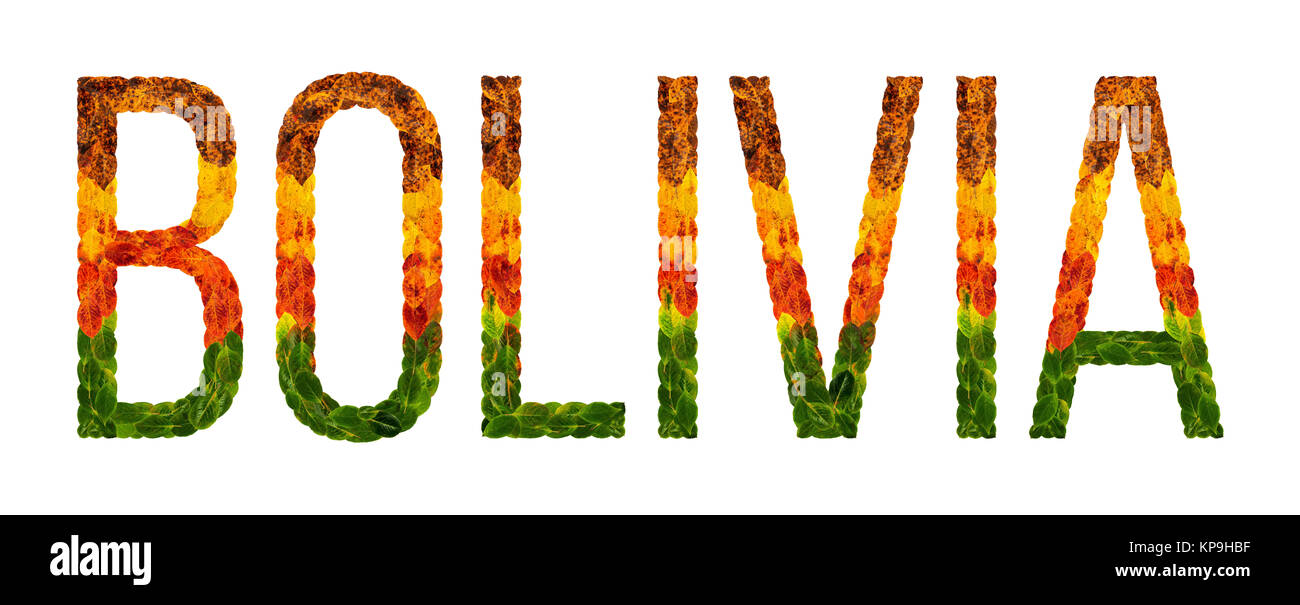 Pays Bolivie mot est écrit avec des feuilles sur fond blanc fond isolé, une bannière pour l'impression, un pays en développement créatif feuilles colorées bolivie Banque D'Images