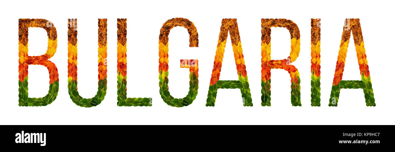 Pays Bulgarie mot est écrit avec des feuilles sur fond blanc fond isolé, une bannière pour l'impression, un pays en développement créatif feuilles colorées Bulgarie Banque D'Images