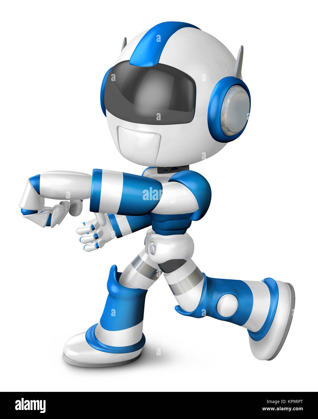 Robot bleu frappe de caractères vers la gauche. 3D Créer un robot humanoïde série. Banque D'Images