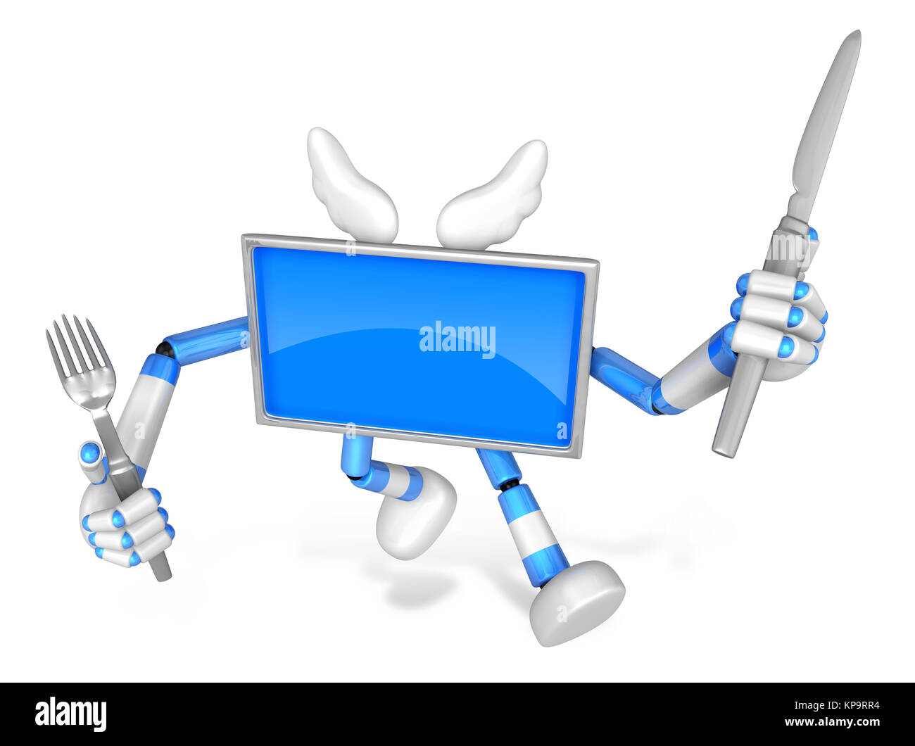 Plat Bleu Chef Caractère dans les deux mains pour tenir une fourchette et couteau. Aller à pied à pied. Créer la télévision 3D Série de robot. Banque D'Images