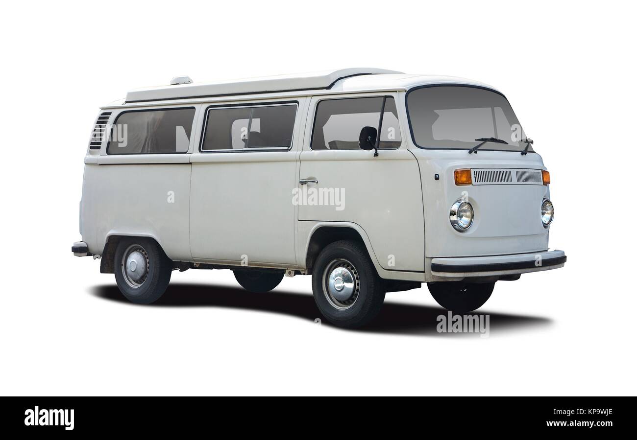 Retro mini van camping-side view isolated on white Banque D'Images