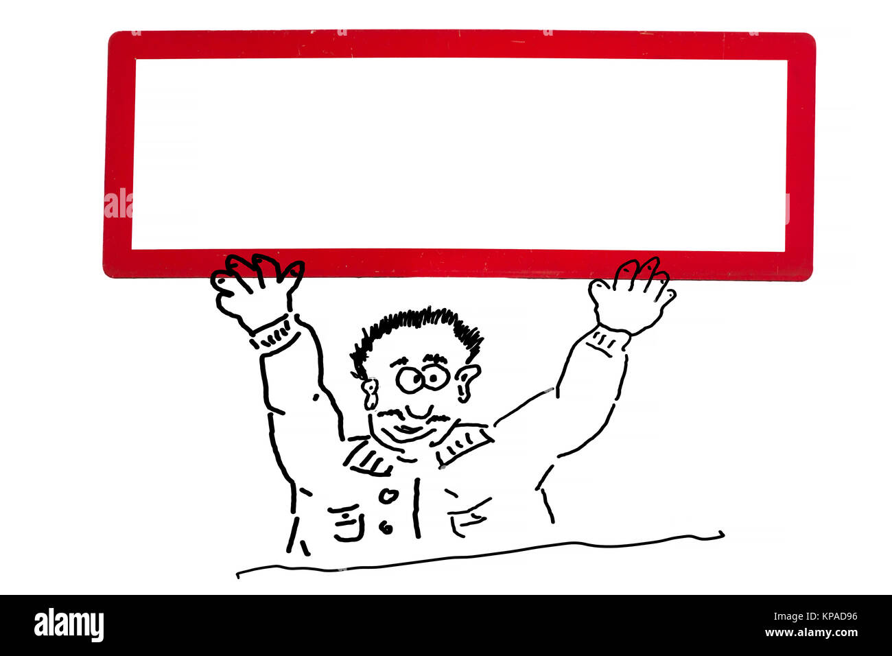 Von einer Handzeichnung Comicfigur Strichzeichnung Werbefigur, oder. Comicfigur hält ein weißes Schild mit roten Rahmen über den Kopf. Banque D'Images
