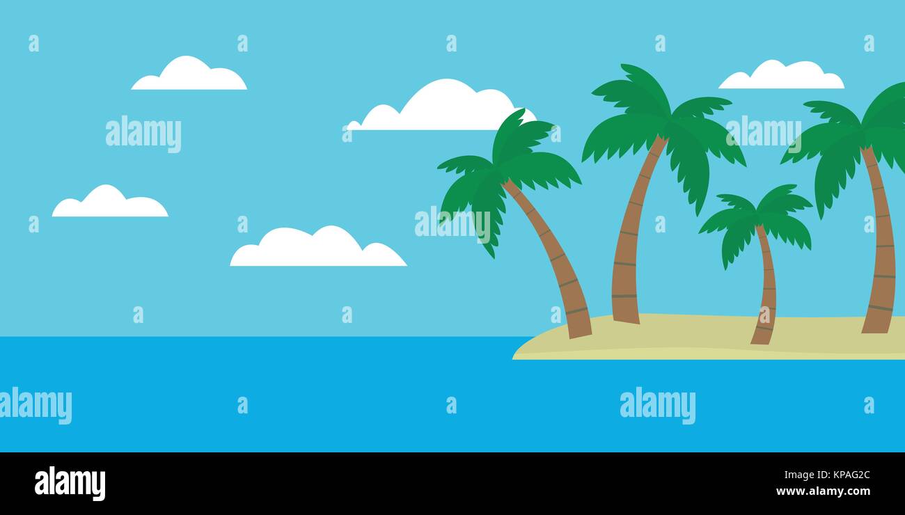 Caricature de vue colorée île tropicale, Plage et palmiers dans le milieu de la mer bleue sous un ciel clair avec des nuages aux journée d'été, convient pour holida Illustration de Vecteur