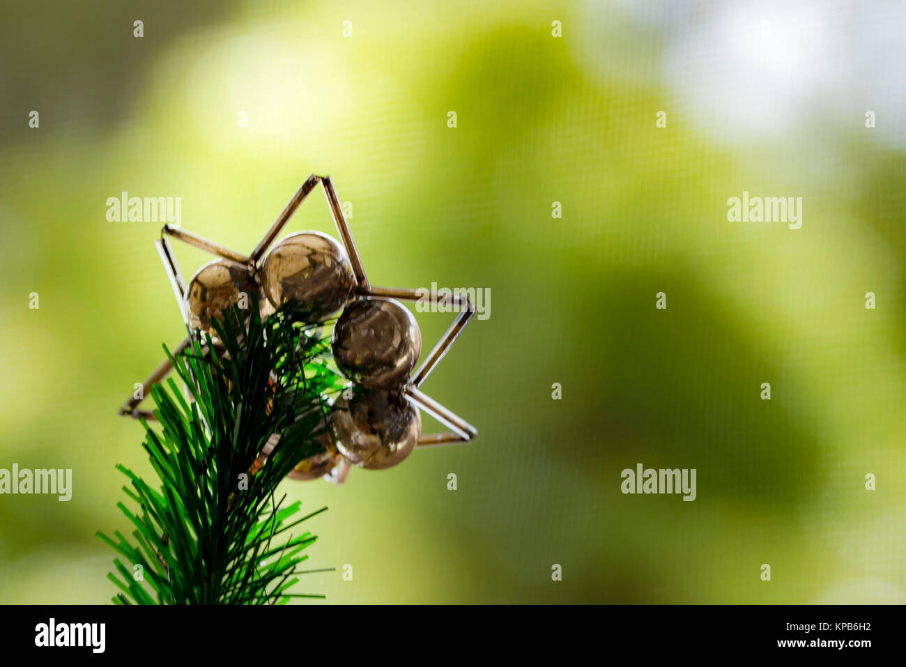 Décoration d'arbre de Noël sur la branche, selective focus, macro. Des pointes de vert et de pommes d'ornement festif, arrière-plan flou. Banque D'Images