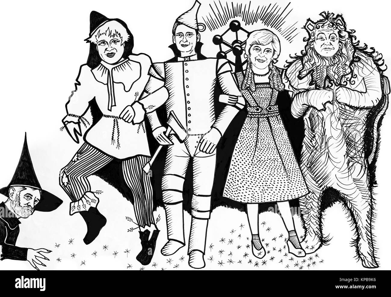 Caricature satirique de Theresa Mai et dirigeants politiques déguisés en personnages dans The Wizard Of Oz au cours de négociations Brexit dans Bruxelles. Banque D'Images