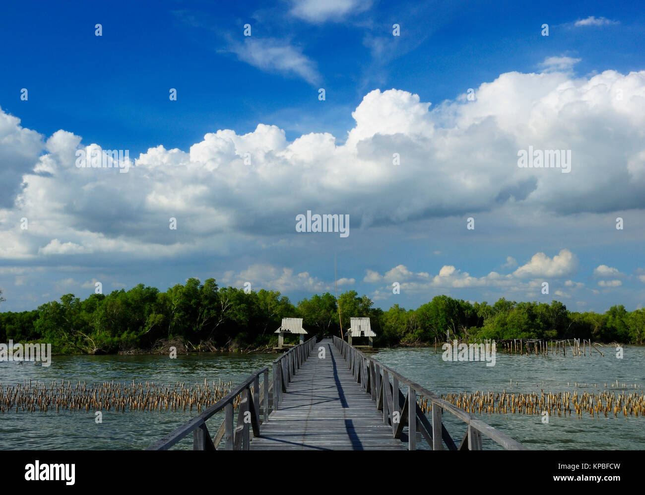 Pont en bois pour la promenade à la mer, des attractions de Bangkok en Thaïlande. Banque D'Images