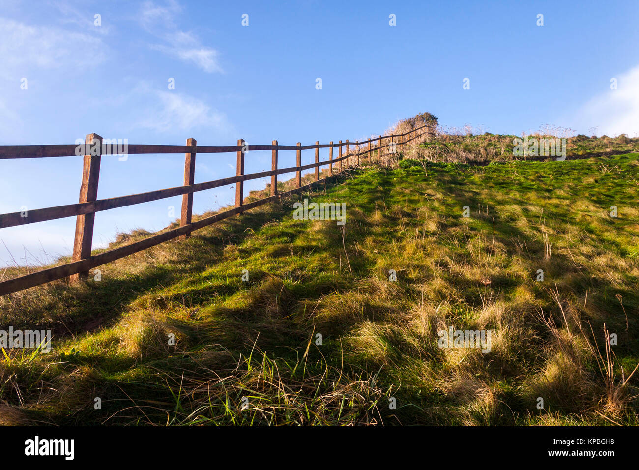 Barrière de sécurité par les falaises à pic, la colline de l'échelle de Jacob, Greenbottom, Devon. Banque D'Images