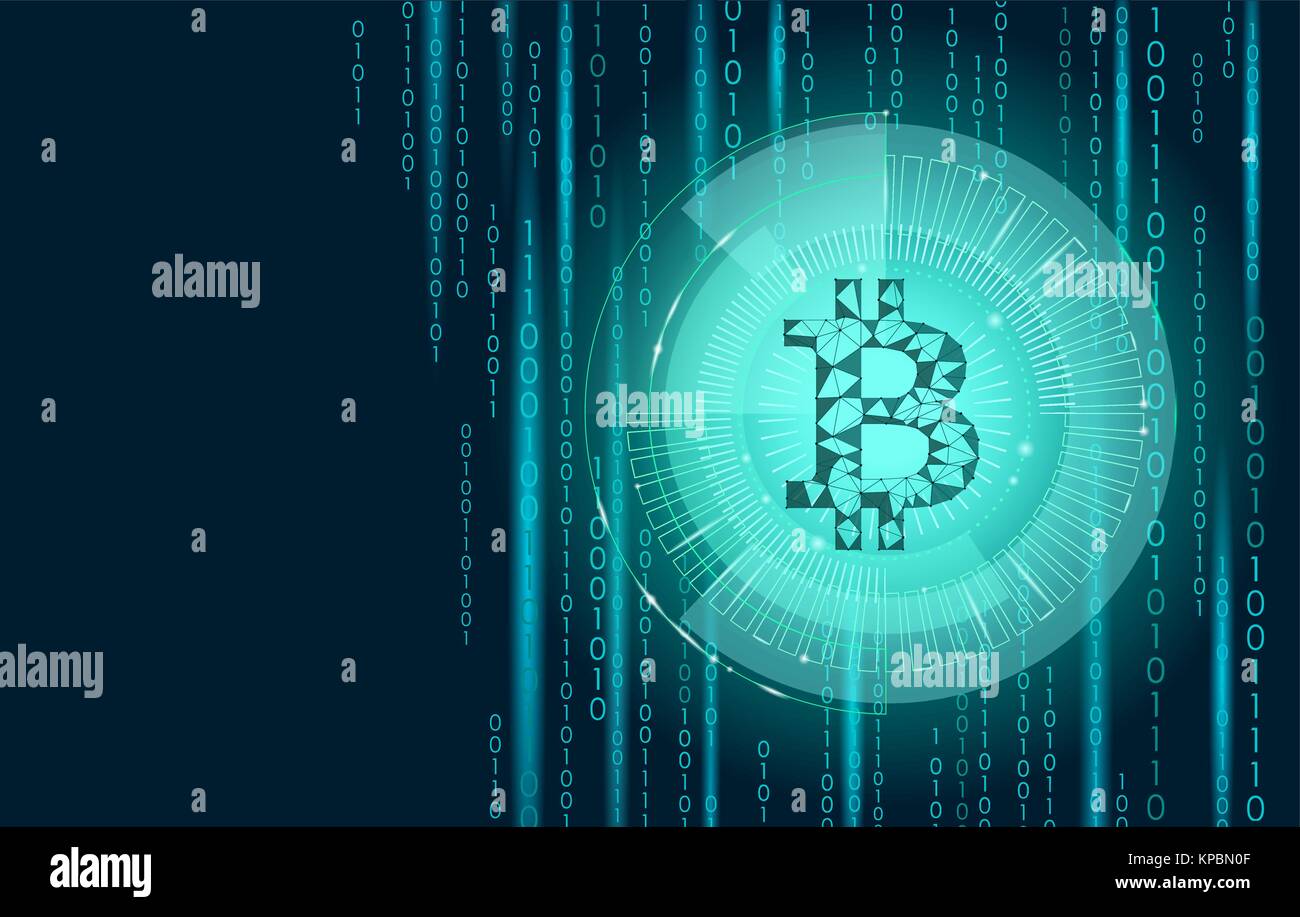 Light blue signe bitcoin cryptocurrency hud en cible. Low poly finances géométrique e-commerce online payer système blockchain noir couleur or binary code background vector illustration Illustration de Vecteur