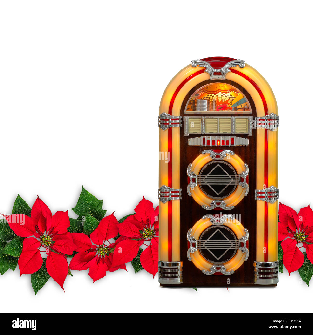 Juke box Retro radio avec fleur poinsettia rouge noël ornement, isolé sur fond blanc Banque D'Images