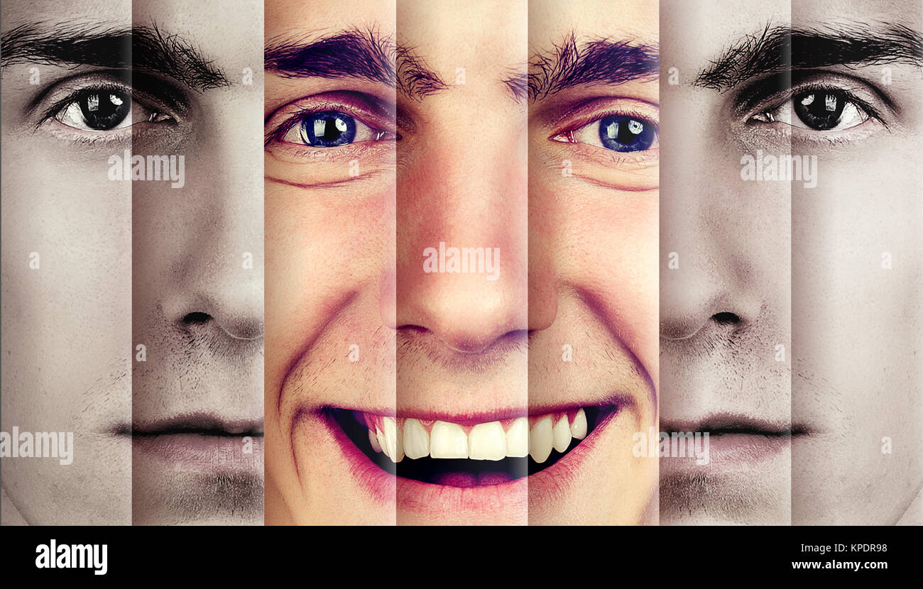 Portrait homme split avec différentes émotions triste et heureux. Banque D'Images