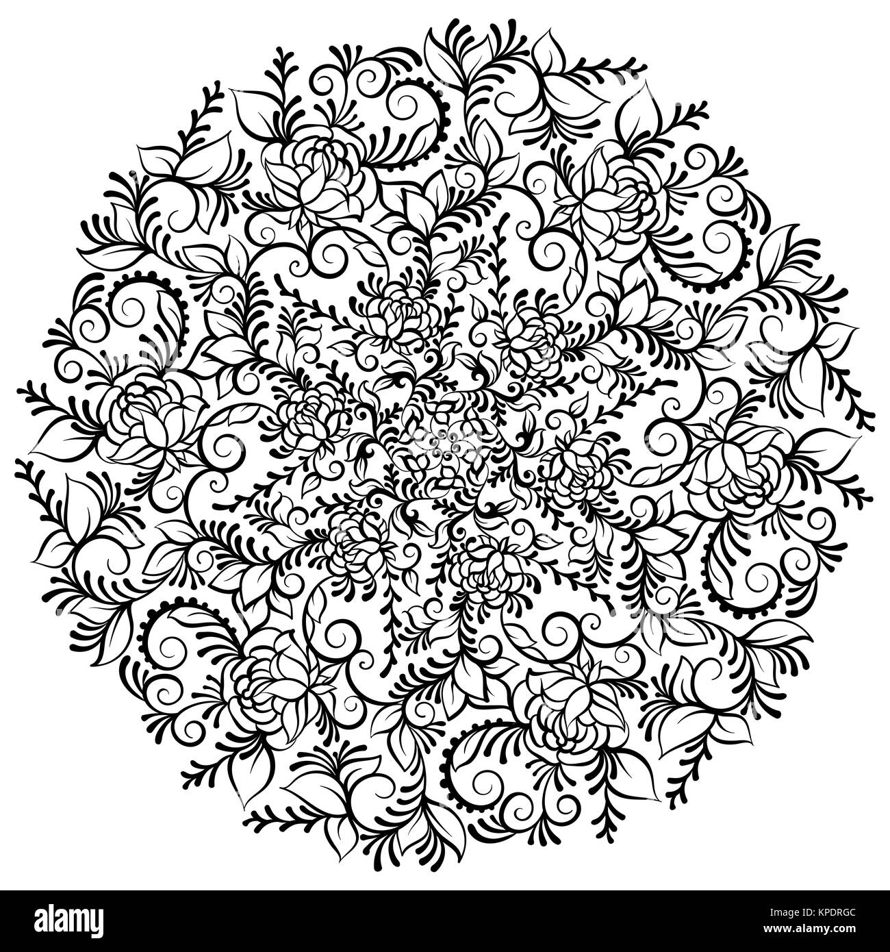 Fantaisie orné dessiné à la main fleur dans la couronne de feuilles et de tourbillons. Vector illustration isolé. Mandala fleur Banque D'Images