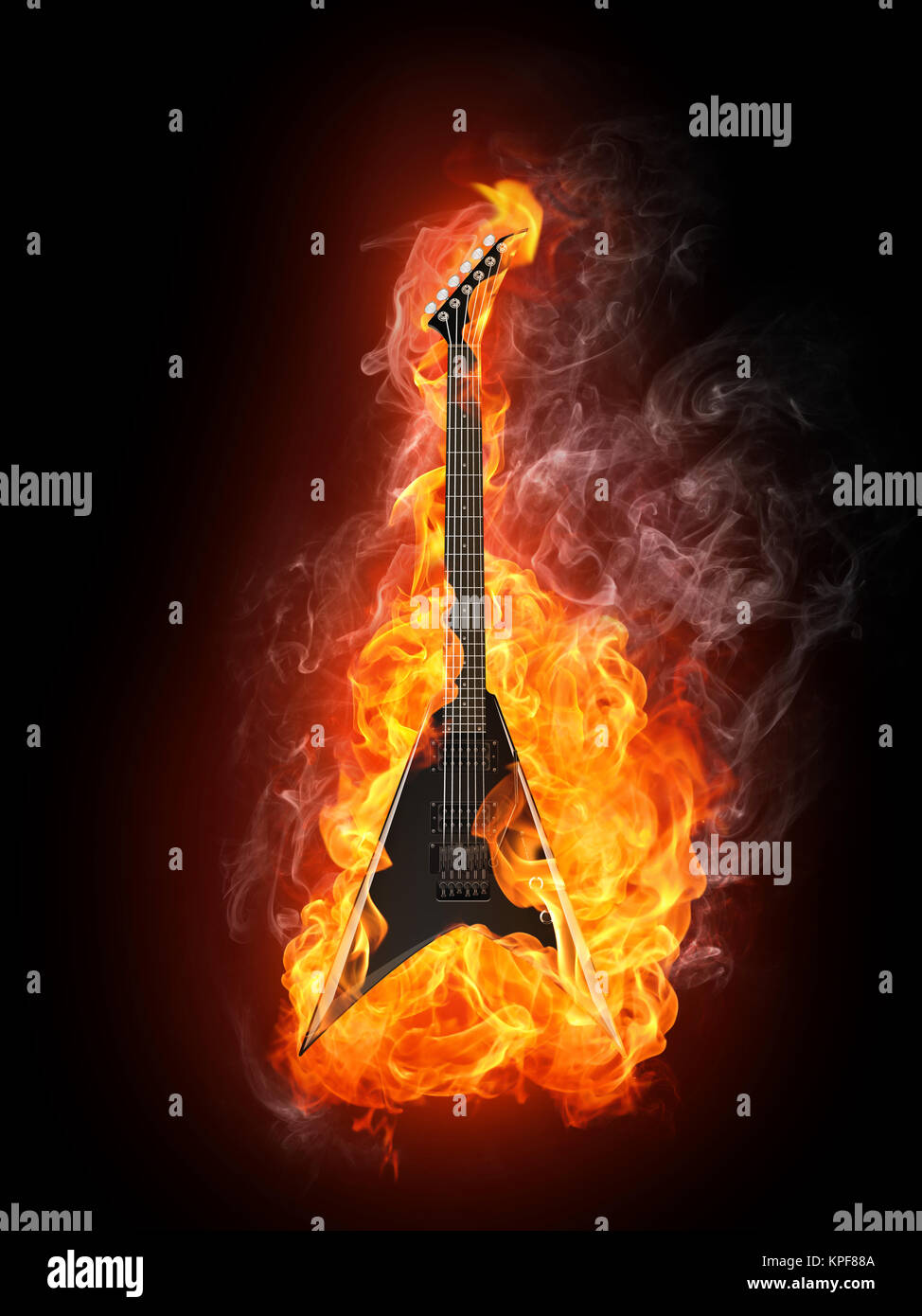 Guitare électrique dans le feu isolé sur fond noir. L'informatique  graphique Photo Stock - Alamy