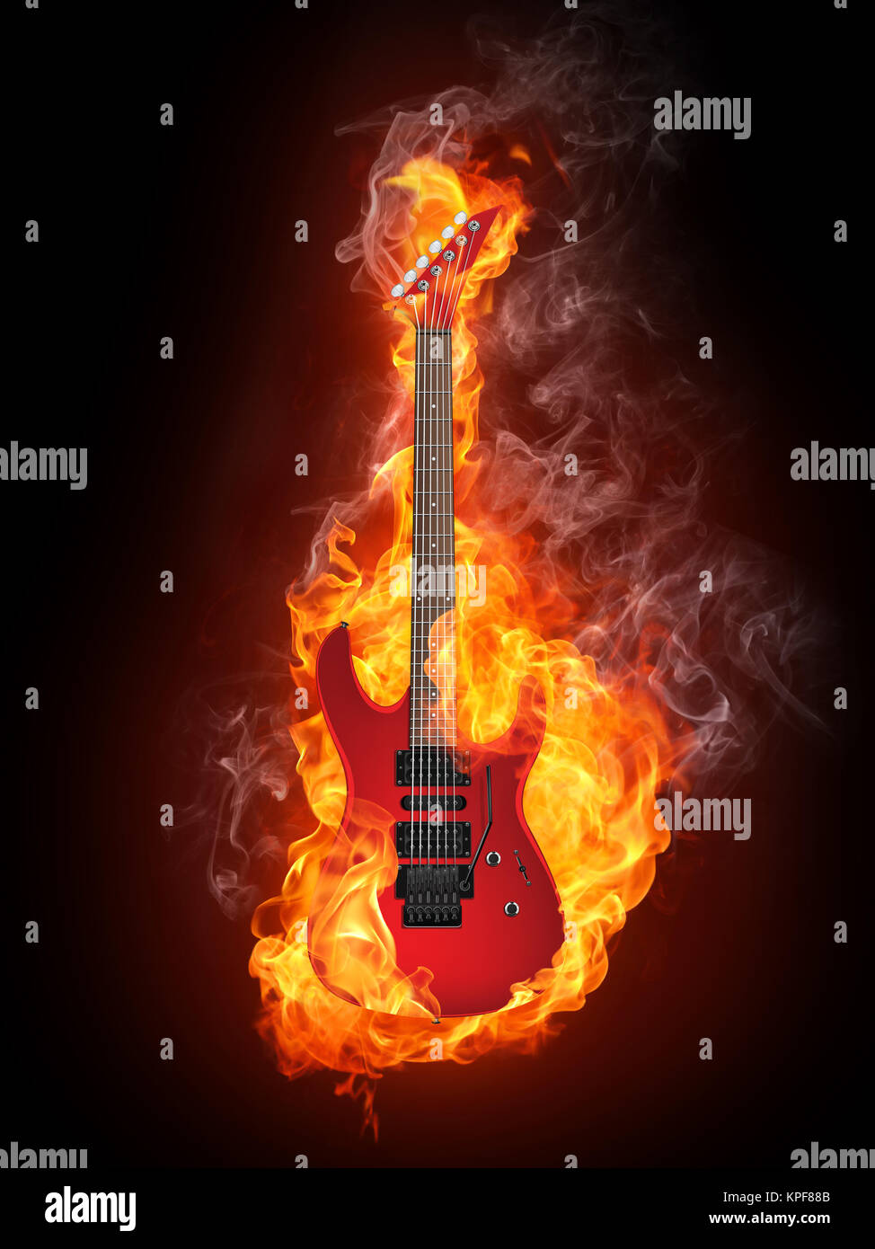 Guitare électrique dans le feu isolé sur fond noir. L'informatique  graphique Photo Stock - Alamy