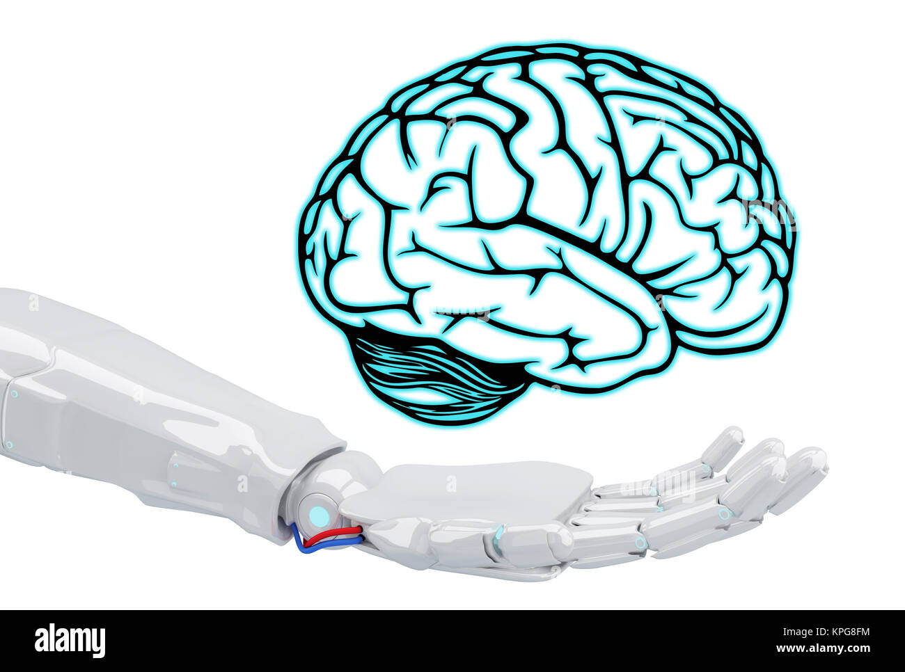 Robot blanc hand holding virtual brain. Banque D'Images