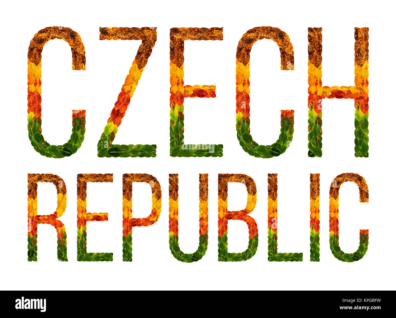 Pays République tchèque mot est écrit avec des feuilles sur un fond isolé blanc, une bannière pour l'impression, un pays en développement créatif feuilles colorées République tchèque Banque D'Images
