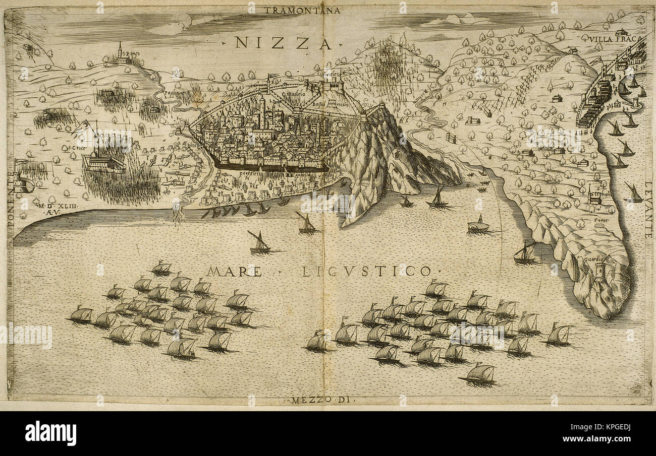La guerre de 1542-46 italien. François 1er et Soliman I de l'Empire ottoman contre l'Empereur Charles V et Henry VIII d'Angleterre. Siège de Nice par une flotte franco-ottomane en 1543. A cette époque, Nice était sous contrôle de Charles III, allié de Charles V. une force franco-ottomane ont pris la ville. Dessin de Toselli après une gravure par Aeneas Vico. Banque D'Images