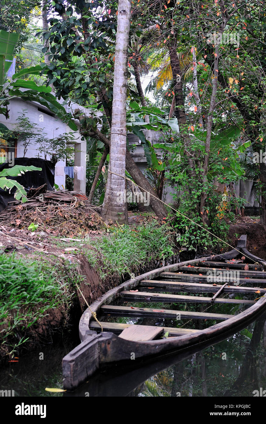 L'Asie, l'Inde, le Kerala (bras morts). Un bateau repose aux côtés d'un inondés Kerala Backwaters canal. Banque D'Images