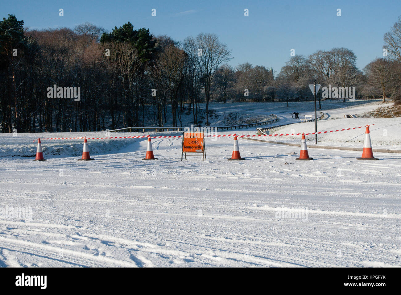 Route fermée dans le Phoenix Park de Dublin après une lourde chute de neige sur un beau matin d'hiver sur le premier jour de la Nouvelle Année 2010 Banque D'Images