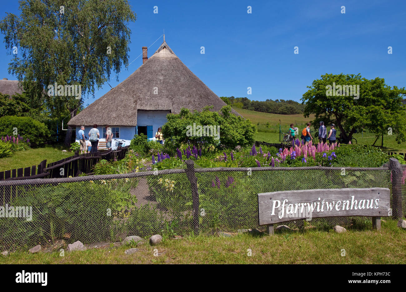Les veuves de la paroisse maison avec jardin de fleurs, Gross Zicker, Ruegen island, Mecklembourg-Poméranie-Occidentale, de la mer Baltique, l'Allemagne, de l'Europe Banque D'Images