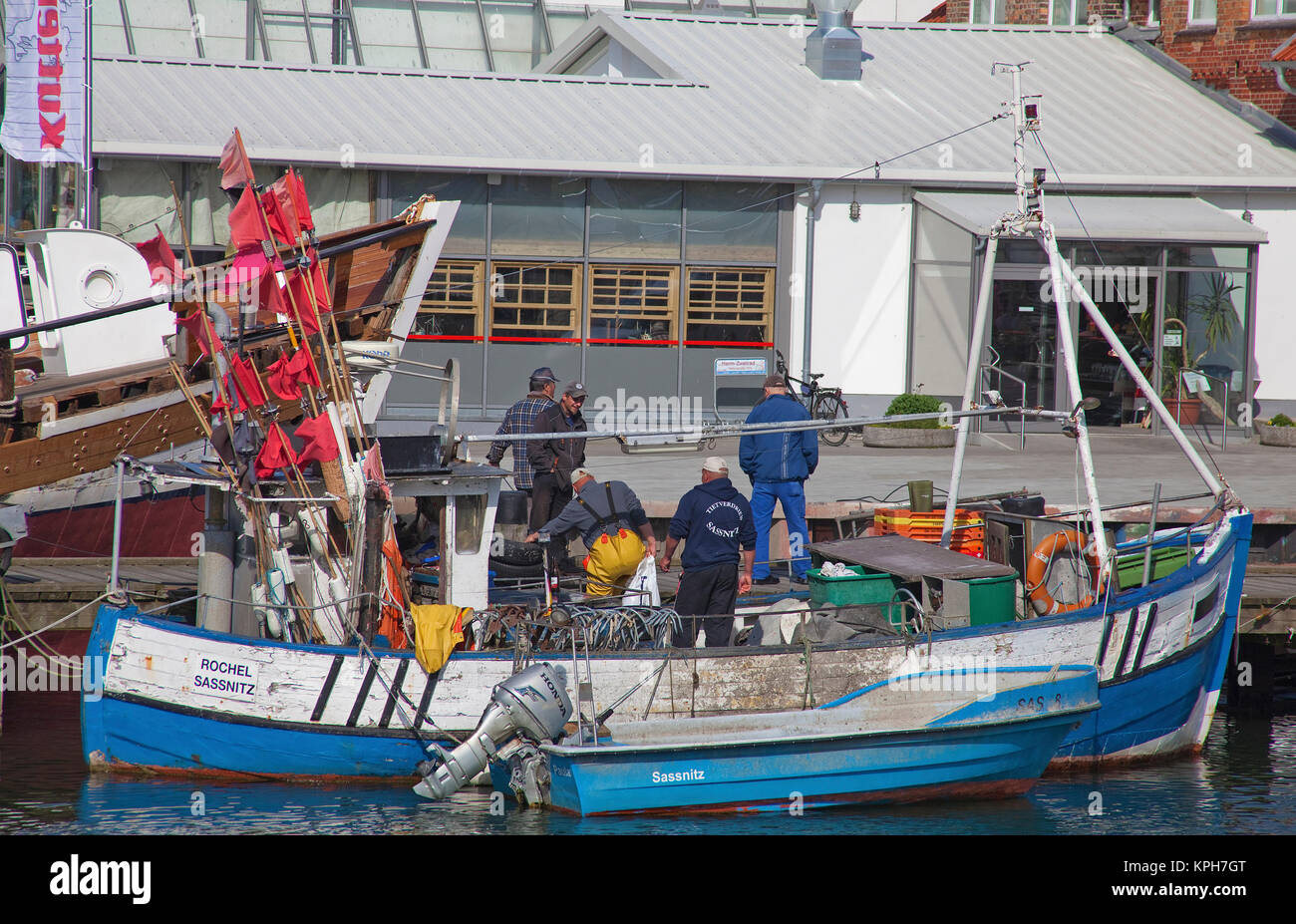 Les pêcheurs au port de Sassnitz, Ruegen island, Mecklembourg-Poméranie-Occidentale, de la mer Baltique, l'Allemagne, de l'Europe Banque D'Images
