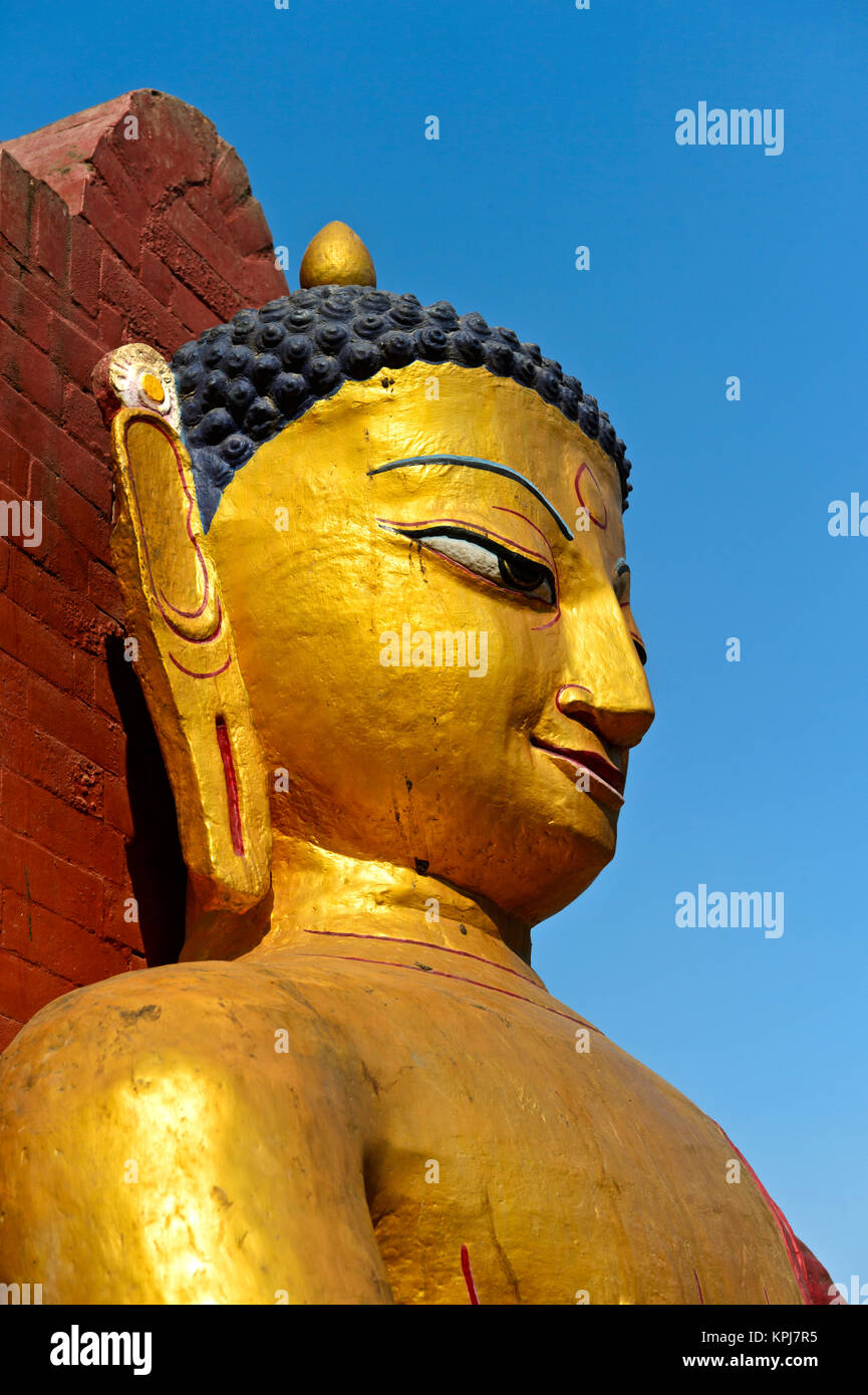 Golden Buddha, Portrait, temple des singes, Swayambhunath Templanlage, Katmandou, Népal Banque D'Images