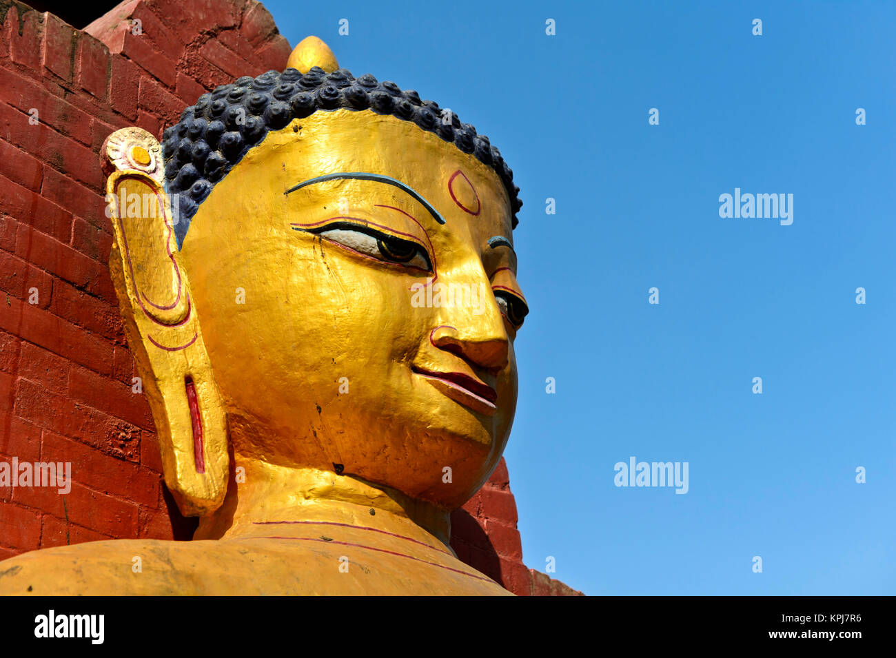 Golden Buddha, Portrait, temple des singes, Swayambhunath Templanlage, Katmandou, Népal Banque D'Images