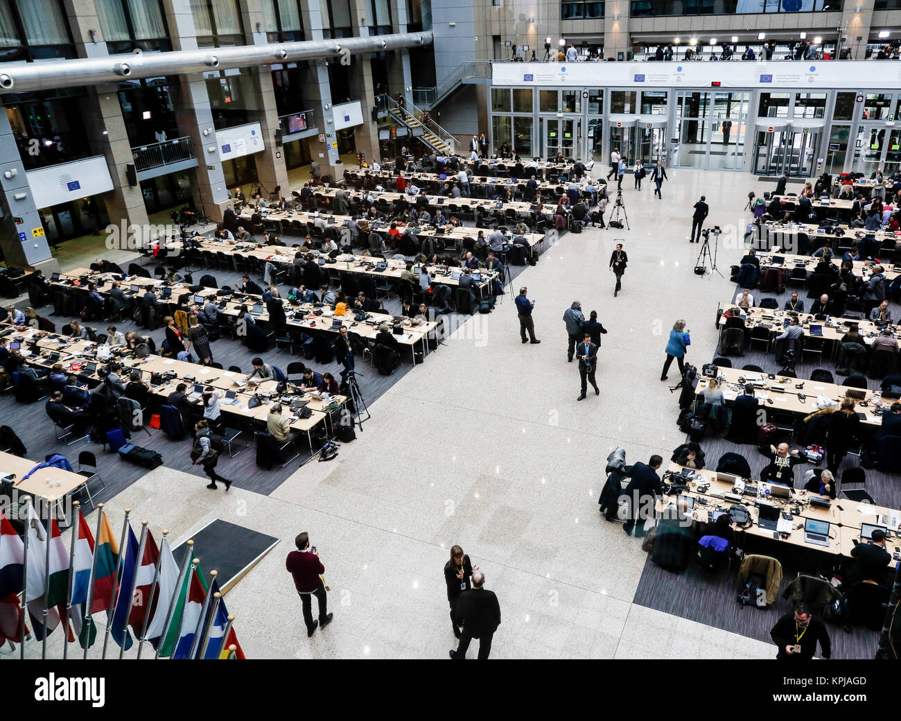 Bruxelles, Belgique, le 15 décembre 2017 : Centre de presse au cours du sommet du Conseil européen Crédit : Dominika Zarzycka/Alamy Live News Banque D'Images