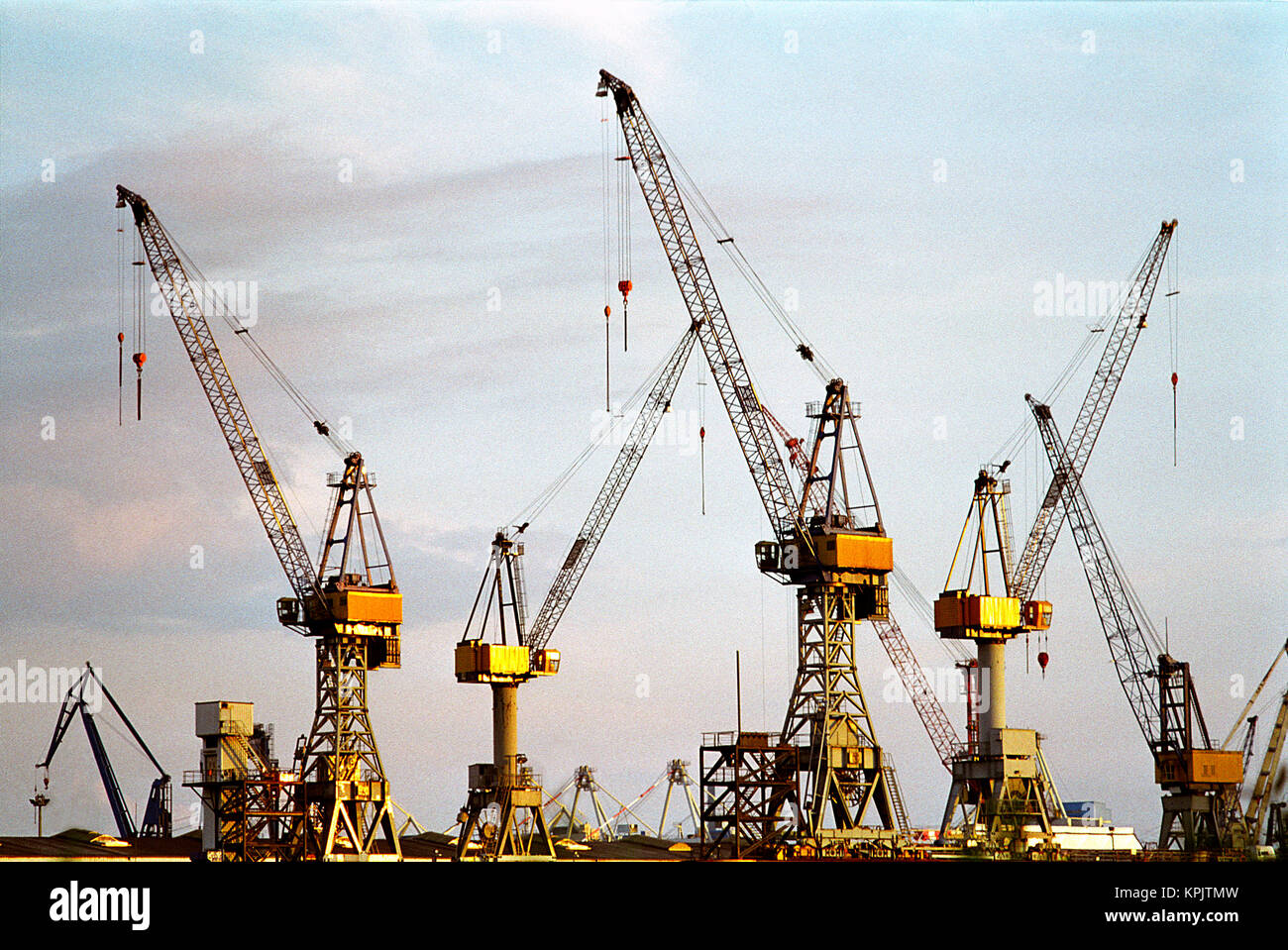 La réparation de grues de chantier naval de Hambourg Blohm  + Voss. Sur l'Elbe au St. Pauli Landungsbrücken. Banque D'Images