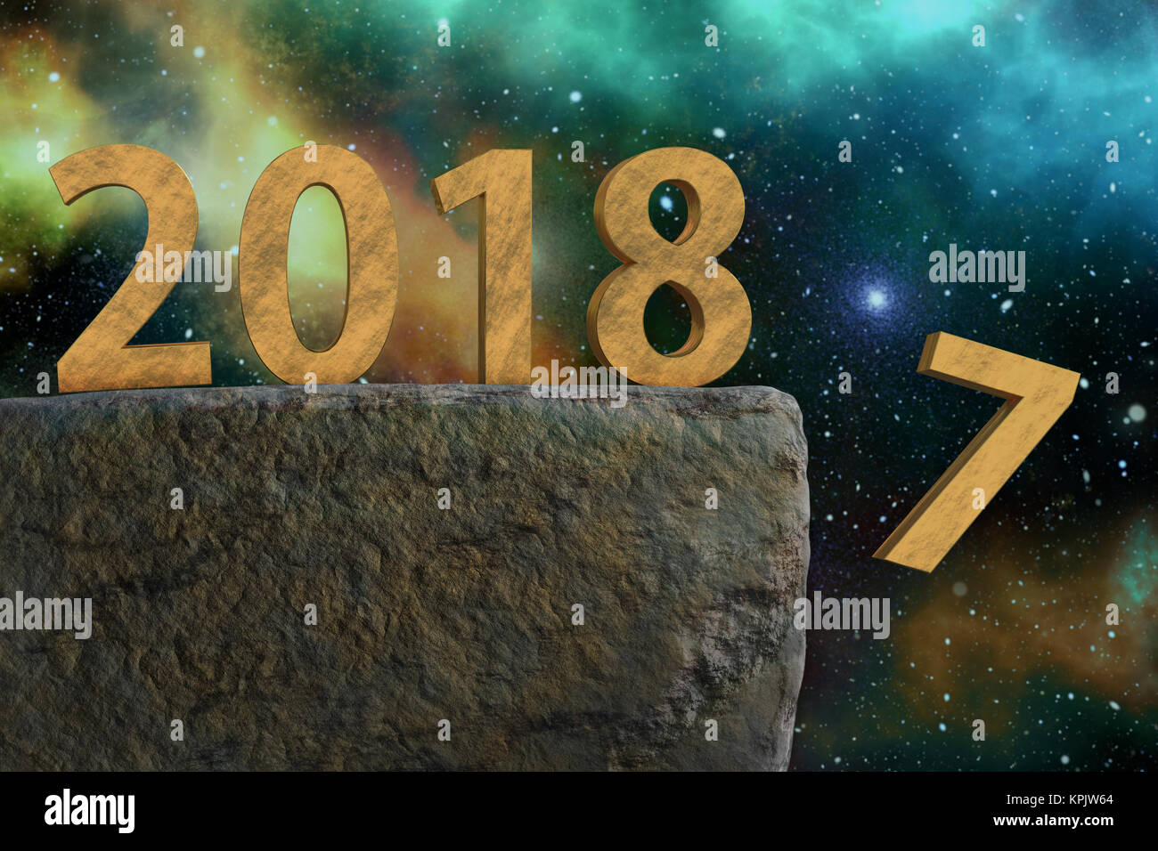 Image 3D reconstruite de golden 2018 Nouvelle année date debout sur le point de rock avec sept chiffres relevant - abattu au-dessus de ciel étoilé Banque D'Images