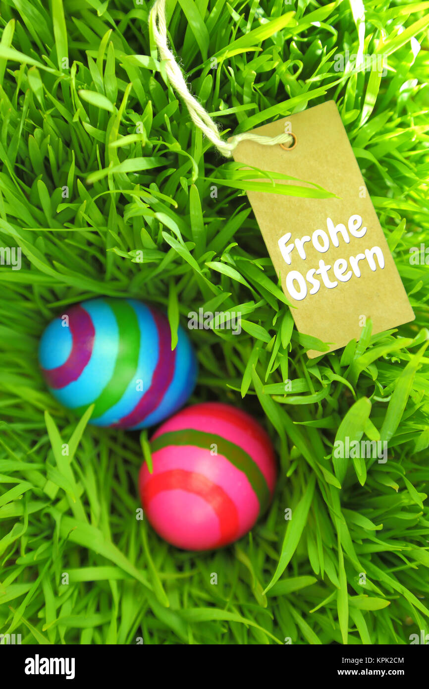 Les oeufs de Pâques sur herbe verte avec tag et copy-space Banque D'Images