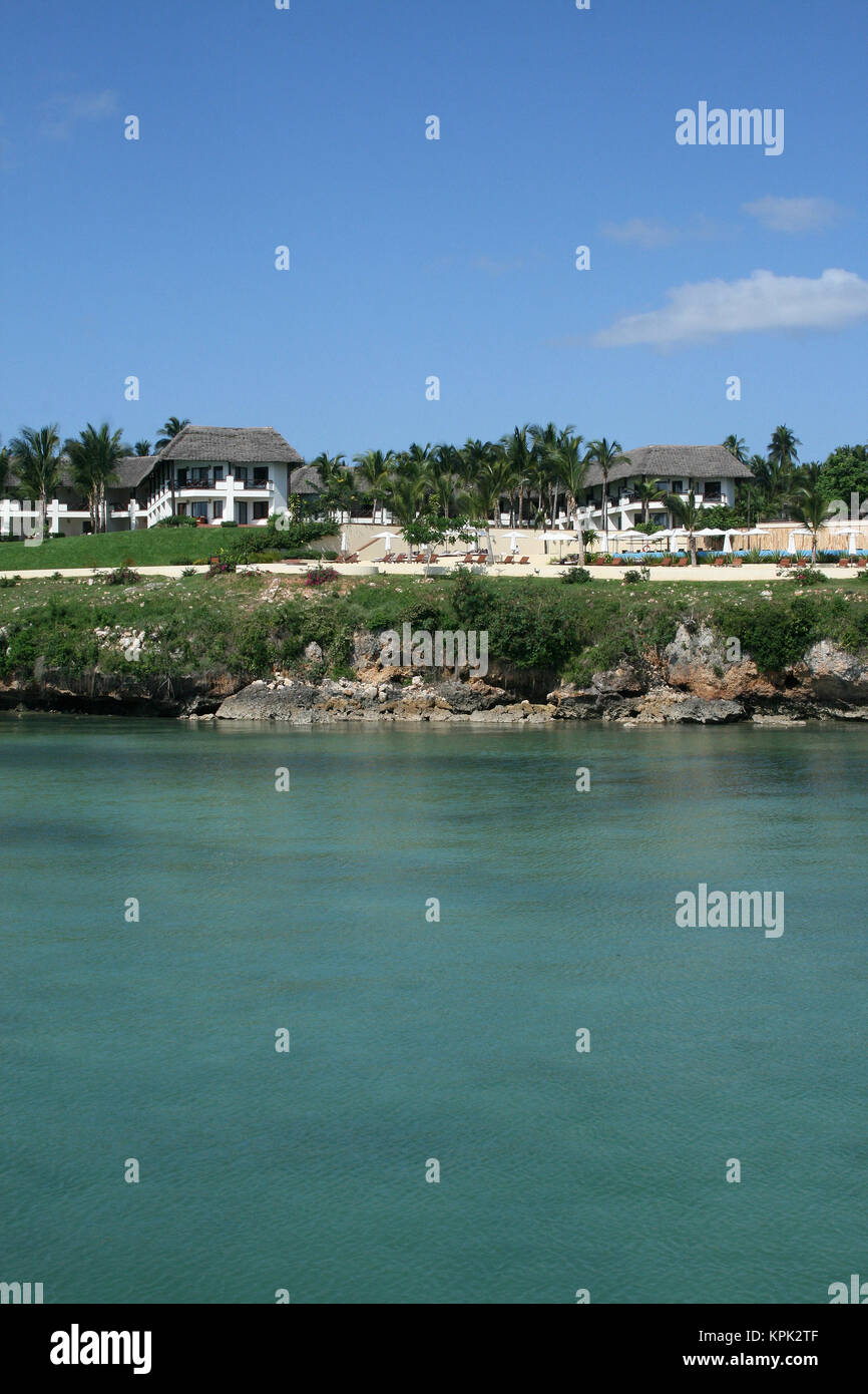 Avis de l'hôtel chalets de la jetée, l'hôtel Sea Cliff, Zanzibar, Tanzanie. Banque D'Images