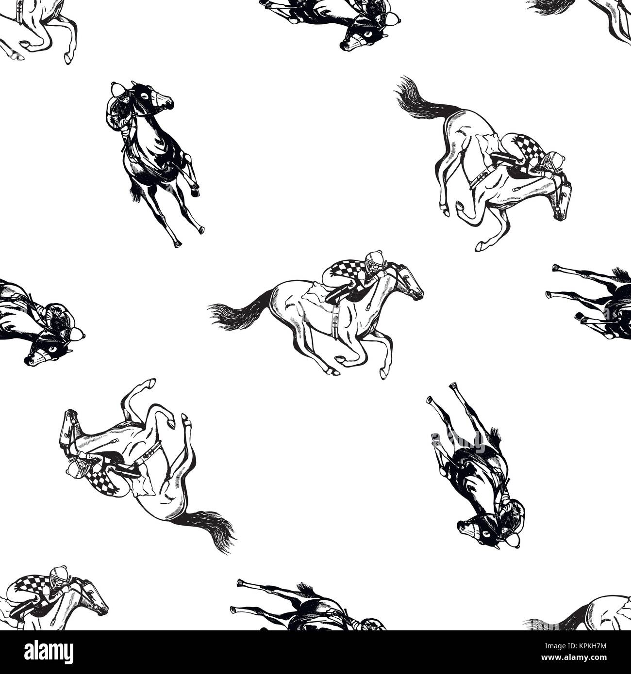 Motif de la main transparente style croquis jockeys sur un cheval. Vector illustration isolé sur fond blanc. Illustration de Vecteur