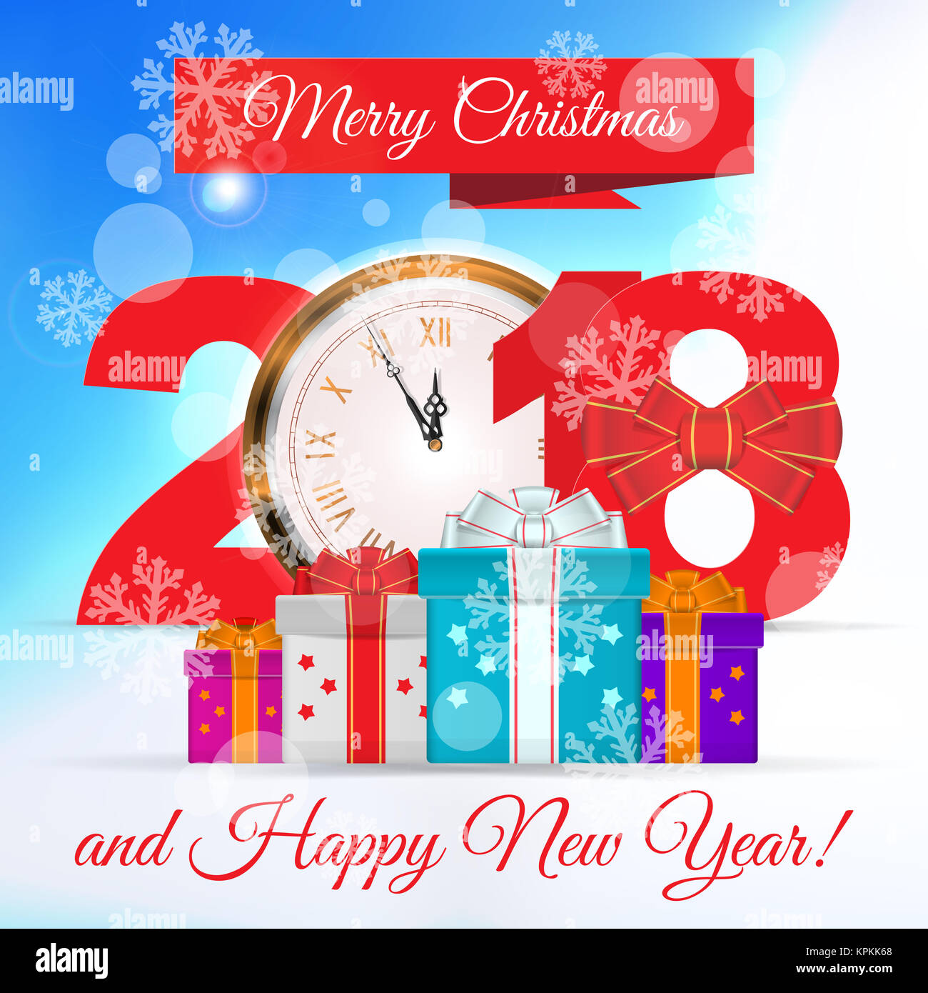 Joyeux Noel Et Bonne Annee 18 Carte De Vœux 18 Lettrage Conception Du Texte Ruban Rouge Banniere Grand Format Or Wall Horloge Montrant 5 A 12 Photo Stock Alamy