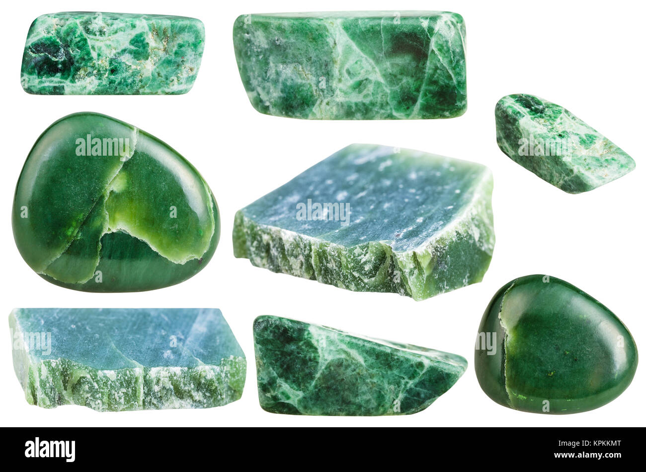 Ensemble de diverses pierres précieuses en néphrite vert isolé Banque D'Images